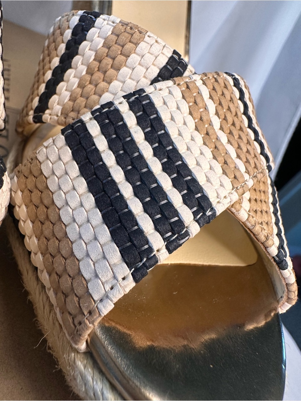 Cole Haan Beige, Black & White Striped Woven Ankle-Strap Sandals - Picture 7 of 11